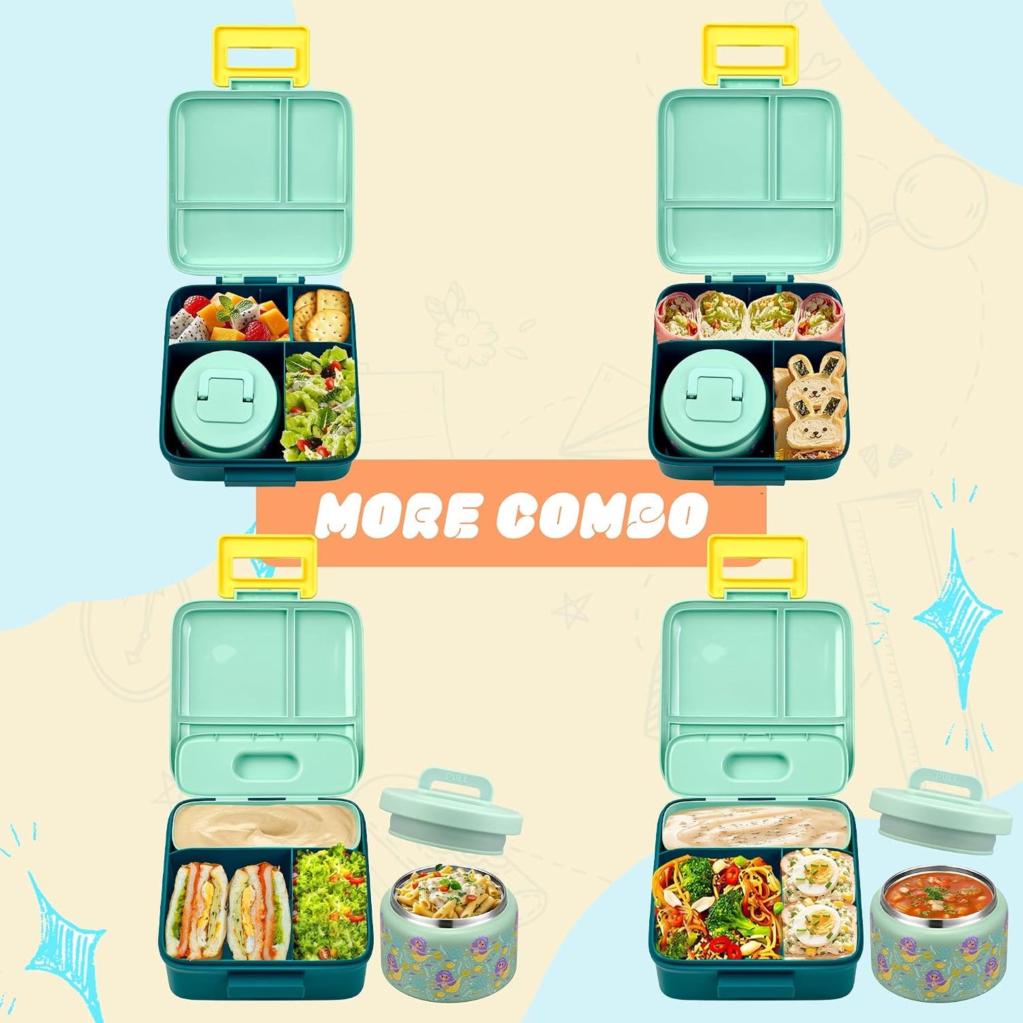 Bento Lunch Box for Kids with 8oz Soup Thermo Leak-Proof Lunch Food Containers with Snack Sauce Container for Kid Girls Boys to School (Pink Mermaid)