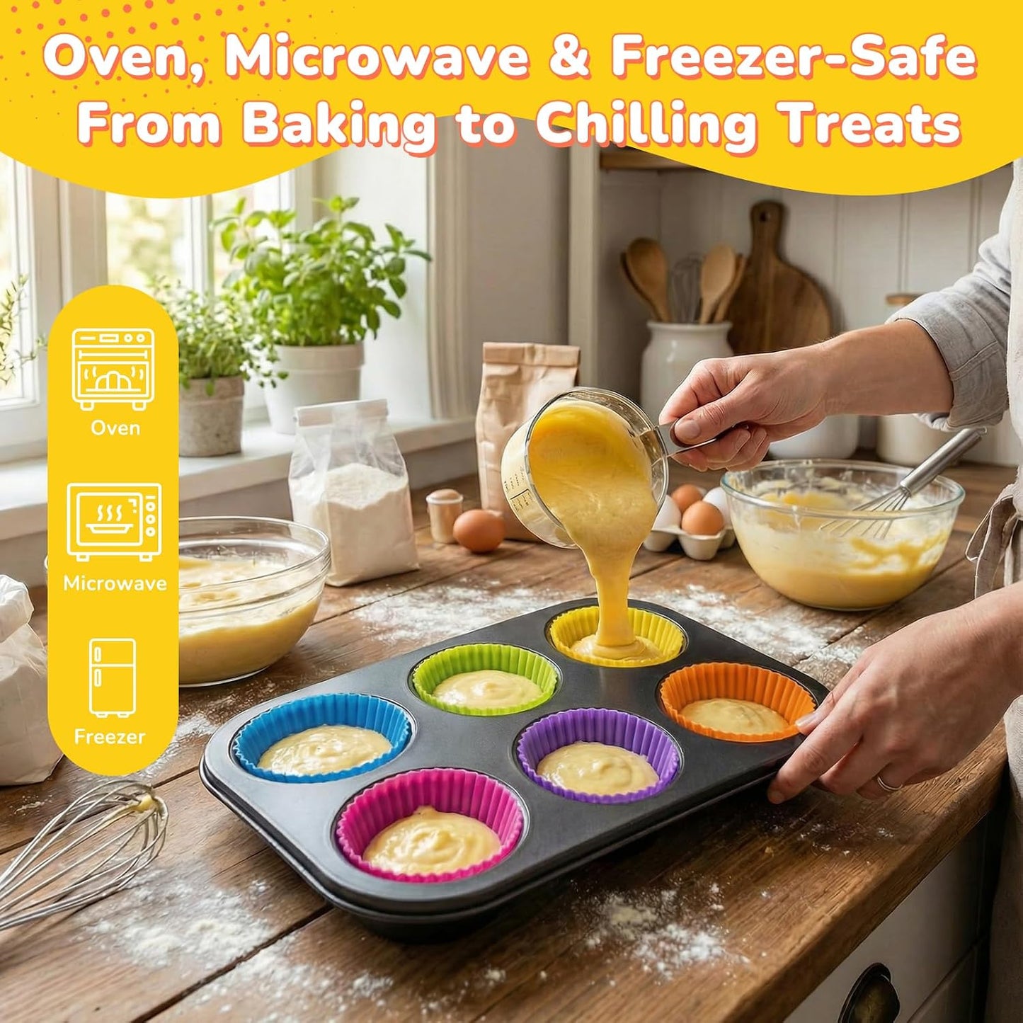 24 Pack Silicone Cupcake Liners for Baking, Multi-color Reusable Silicone Baking Cups, Non-Stick and Flexible Muffin Liners, Easy to Clean, for Cupcake, Muffins and Party Treats (6 Colors)