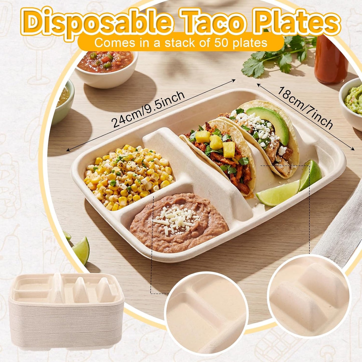 50 Pack Disposable Taco Plates for 2 Tacos & 2 Sides Fiesta Tacos Stand Holder Paper Plates with Dividers for Taco Bar Serving Party Supplies