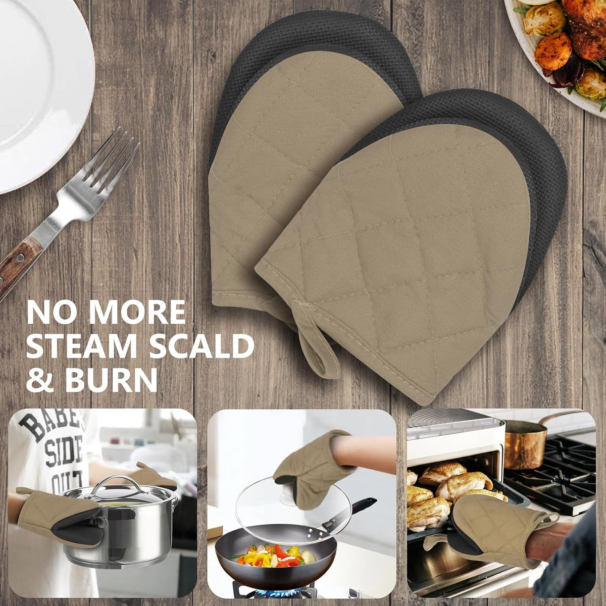 1 Pair Short Oven Mitts - Silicone Kitchen Oven Gloves High Heat Resistant 500℉, Mini Oven Mits with Non-Slip Grip Surfaces and Hanging Loop for BBQ, Baking, Cooking and Grilling (Black)