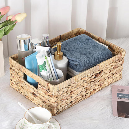 Hipiwe Wicker Basket Water Hyacinth Baskets Rectangular Decorative Baskets Bin for Shelf Organizing, Handwoven Storage Basket Bins with Built-in Handles,15.9"x12"x5.9"