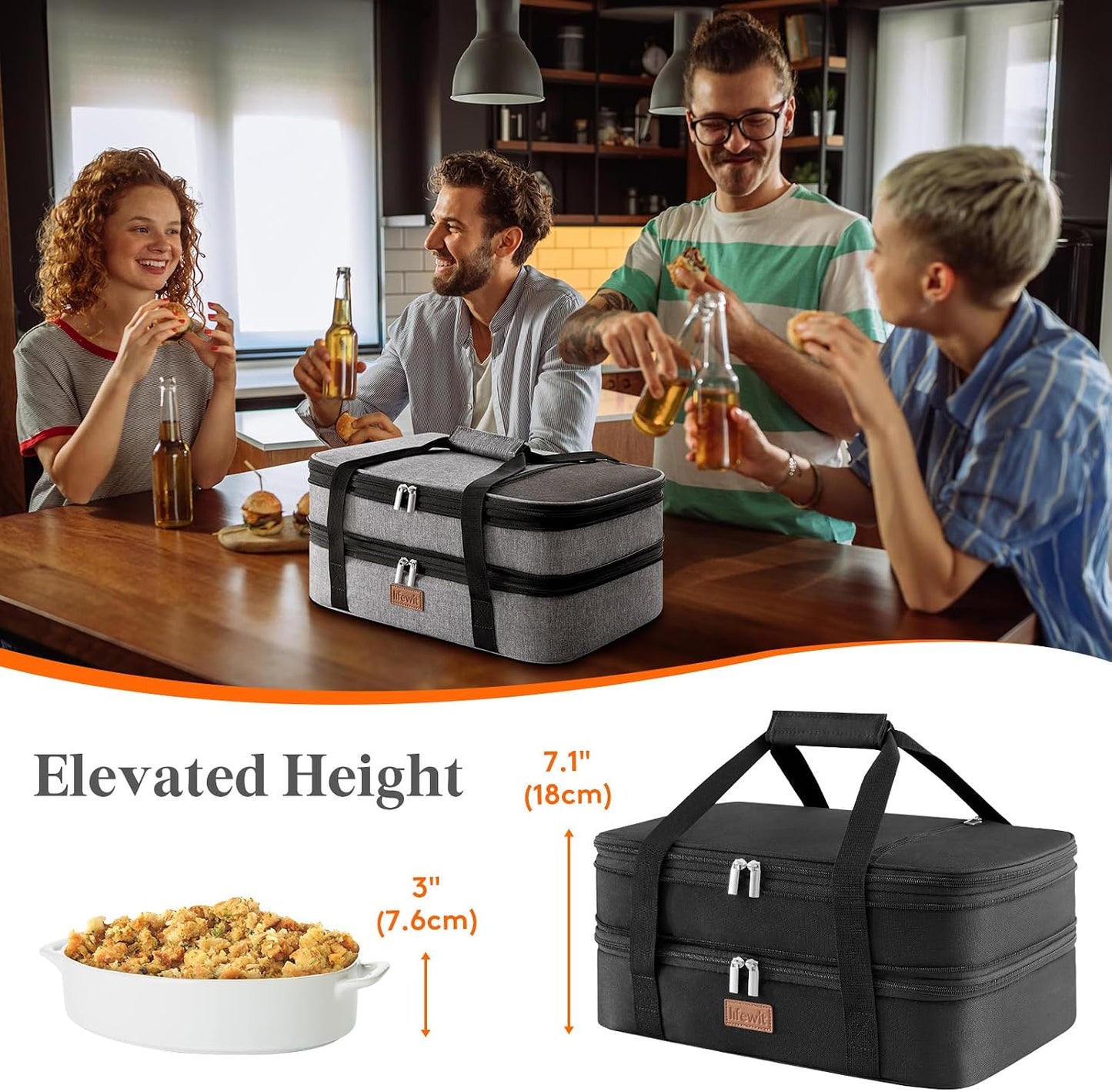 Lifewit Insulated Double Decker Casserole Carrier, Expandable Lasagna Lugger Tote Bag for Hot or Cold Food, Fits 9" x 13" Baking Dish for Potluck Parties, Picnic and Cookouts, Grey-Geometric