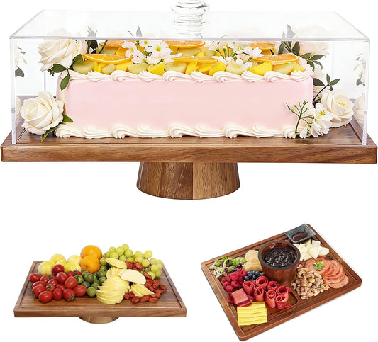 17" Rectangular Acacia Wood Cake Stand with Acrylic Lid, 2-in-1 Dessert Display & Charcuterie Board Serving Tray for Cheese Fruit Cupcake Party Wedding