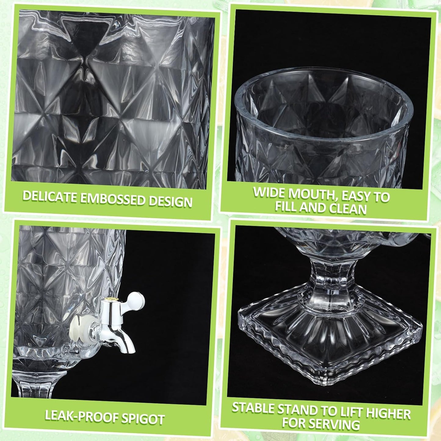 Bokon 2 Pieces 1.3 Gallon Drink Dispensers for Parties Crystal Iced Beverage Dispenser with Stand and Spigot, Glass Liquid Containers Wide Mouth Beverage Server for Juice Tea Wedding(Exquisite)