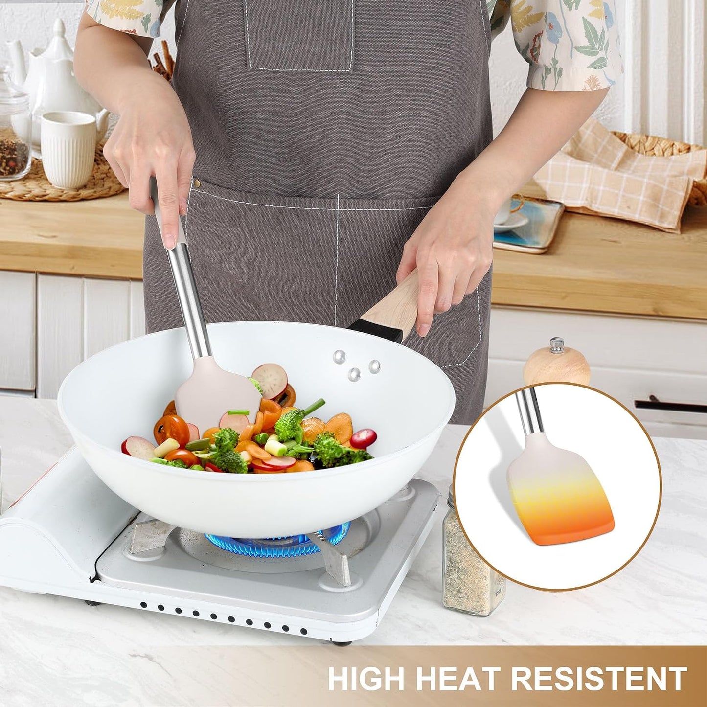 LIANYU 15 Pcs Kitchen Cooking Utensils Set with Holder, Silicone Kitchen Tools with Stainless Steel Handle, Heat Resistant Gadgets, Brush Spatula Spoon Whisk for Cookware, Dishwasher Safe, Khaki