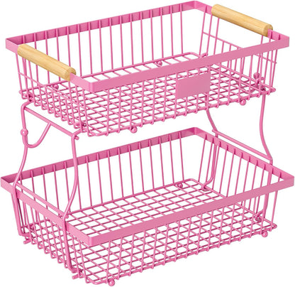 2 Tier Fruit Basket for Kitchen Counter with 2 Banana Hangers, Countertop Metal Bread Basket with Wooden Handle, Large Storage Stand for Vegetables, Snacks, Eggs, Produce Storage – Black
