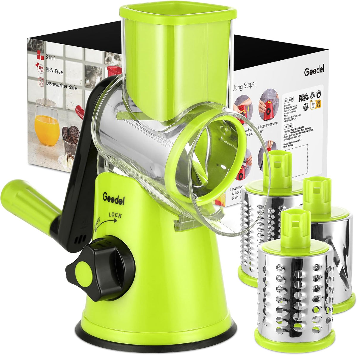 Geedel Rotary Cheese Grater Hand Crank, Cheese Shredder Vegetable Slicer