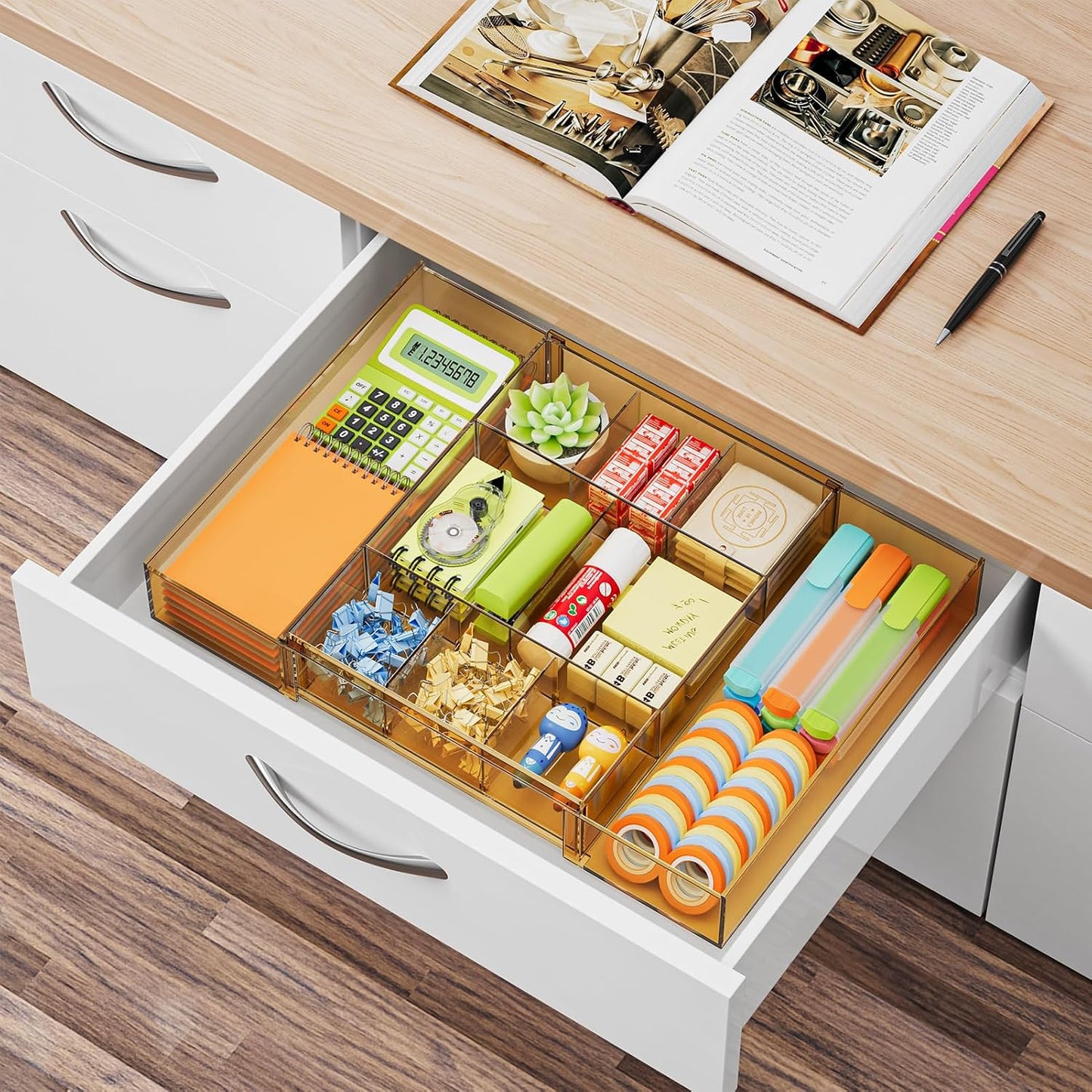 Marbrasse Expandable Desk Drawer Organizer, Clear Plastic Drawer Organizer Tray with 10 Adjustable Compartments, Desk Organizers and Accessories, 5 Drawer Dividers for Office Supplies, Makeup(Clear)