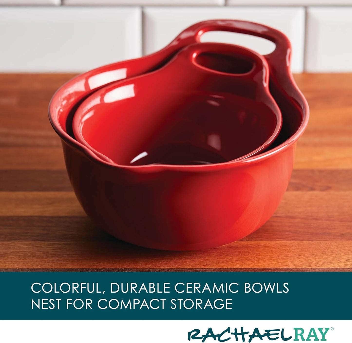 Rachael Ray Ceramics Nesting Mixing Bowl Set with Pour Spout, 1 Quart and 2 Quart, Teal