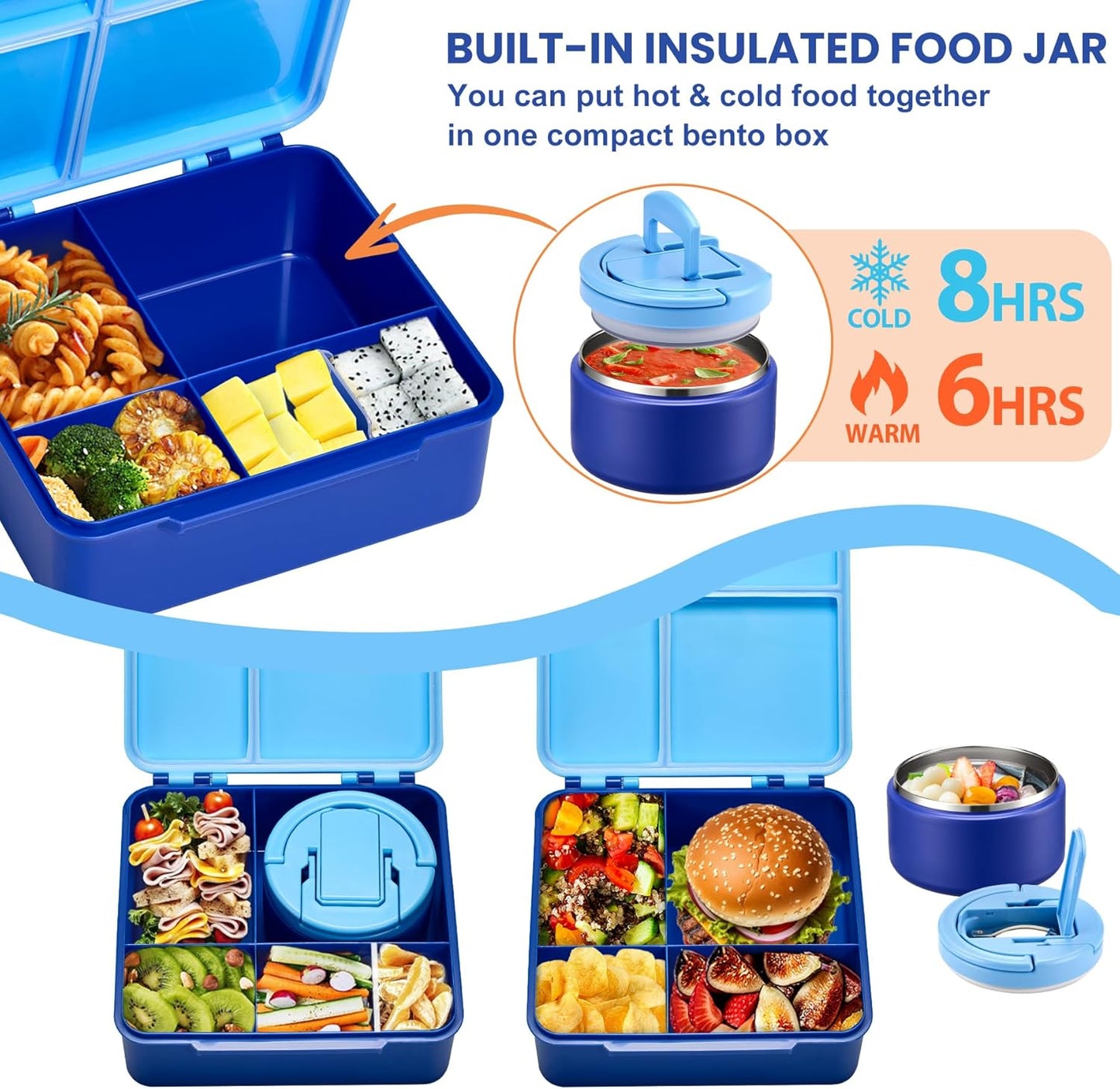 Bento Lunch Box with 8oz Soup Thermo,Kids Leakproof 4 Compartment Lunch Food Containers with Sauce Cup and Ice Pack,Kids Thermo Insulated Hot Food Jar and Lunch Bag for School,Trvael-Black
