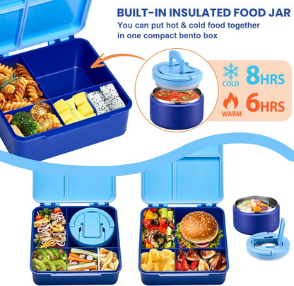 Bento Lunch Box with 8oz Soup Thermo,Kids Leakproof 4 Compartment Lunch Food Containers with Sauce Cup and Ice Pack,Kids Thermo Insulated Hot Food Jar and Lunch Bag for School,Trvael-Black