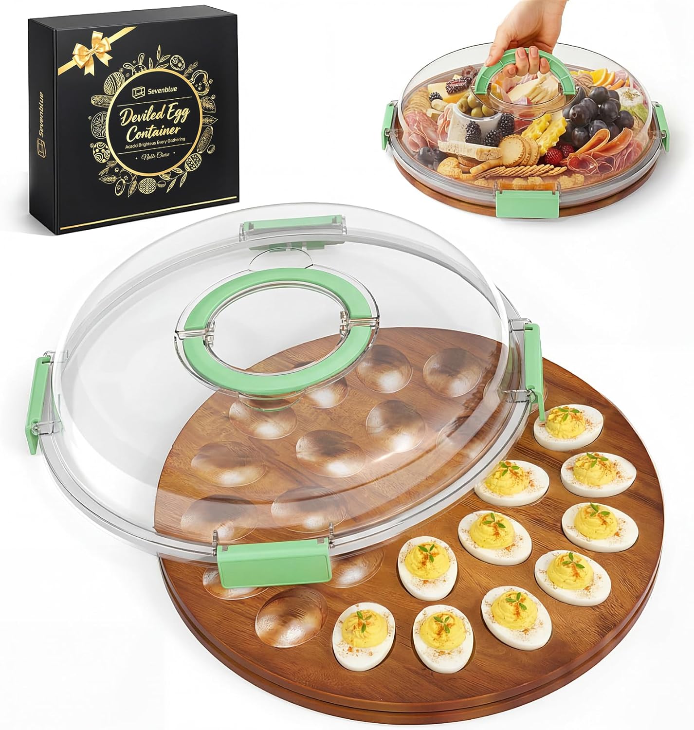 Sevenblue Acacia Wood Deviled Egg Containers with Lid and Handle, Portable Deviled Egg Platter for Easter, Potlucks & Party, Reversible Charcuterie Board Cutting Board