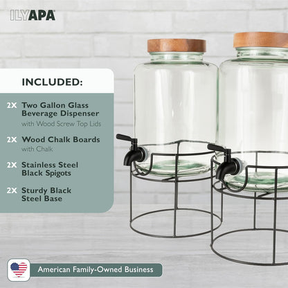 Ilyapa Glass Drink Dispensers for Parties with Stand - 2 Pack, 2 Gallon Double Beverage Dispenser with Wood Tops & Black Stainless Spigots