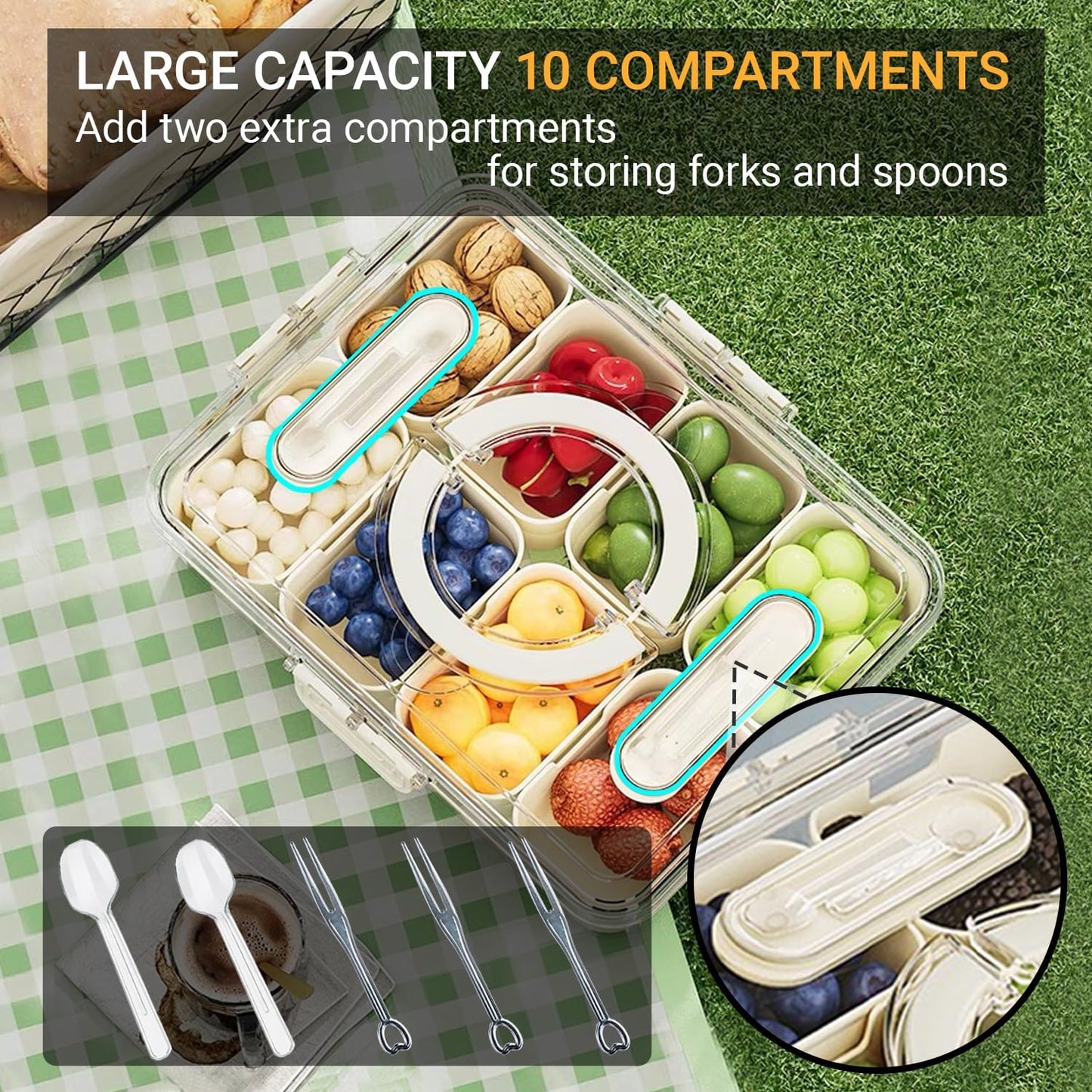 Large Divided Serving Tray with lid and handle Travel snack container Portable snackle box container for fruit, Party, Picnic -10 compartment with 3 forks and 2 spoons