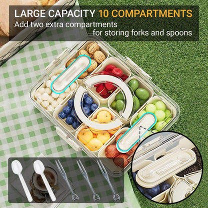 Large Divided Serving Tray with lid and handle Travel snack container Portable snackle box container for fruit, Party, Picnic -10 compartment with 3 forks and 2 spoons