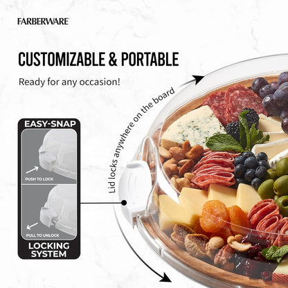 FARBERWARE Build-a-Board Cutting Board with Lazy Susan Turntable, Five Compartments, and Clear Locking Lid for Charcuterie, Snacks, and More, Acacia