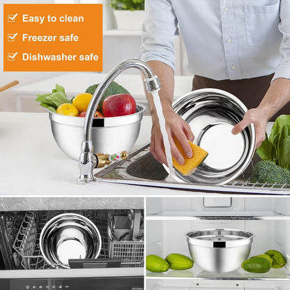 E-far Mixing Bowls With Lids Sets of 5, 10-Piece Stainless Steel Salad Metal Nesting Bowl for Baking Cooking and Prepping, Airtight Lid & Stackable Design, Size 4.6, 3, 2.1, 1.5, 0.7 QT, Black