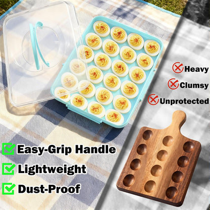 Deviled Egg Containers with Lid - Reusable Platter 2 Pack 48 Count Storage Tray with Handle for Potlucks, Tea Parties, Party, Thanksgiving, Picnics, Refrigerator, Christmas, Easter, Brunches (Blue)