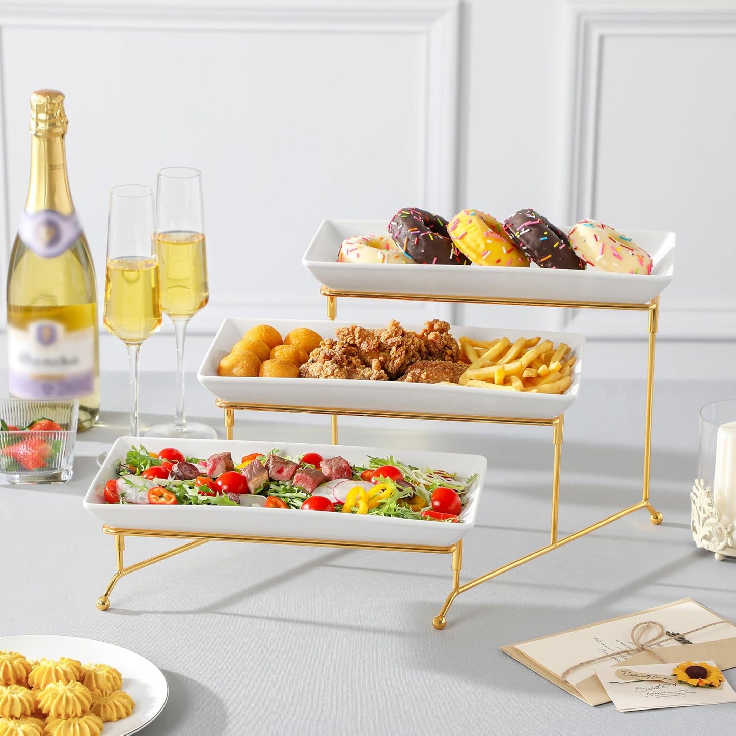 MALACASA 3 Tier Serving Trays for Party, Porcelain Serving Platters and Trays, 12 Inch Tiered Tray Stand, Fruit Tray, Trays for Serving Food, White Dessert Stand with Collapsible Sturdier Metal Rack