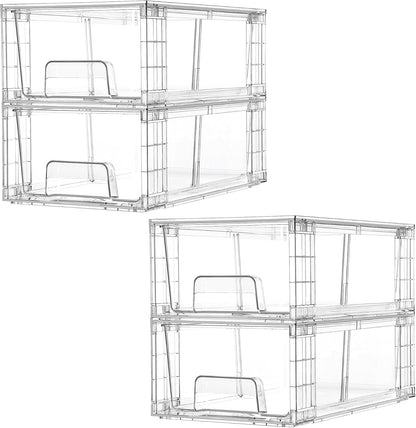 Vtopmart 4Pack Large Stackable Pantry Storage Drawers, Clear Organizer Bins with Handles, Acrylic Drawer Organizers for Kitchen, Pantry, Bathroom Undersink, Cabinet Organization and Storage