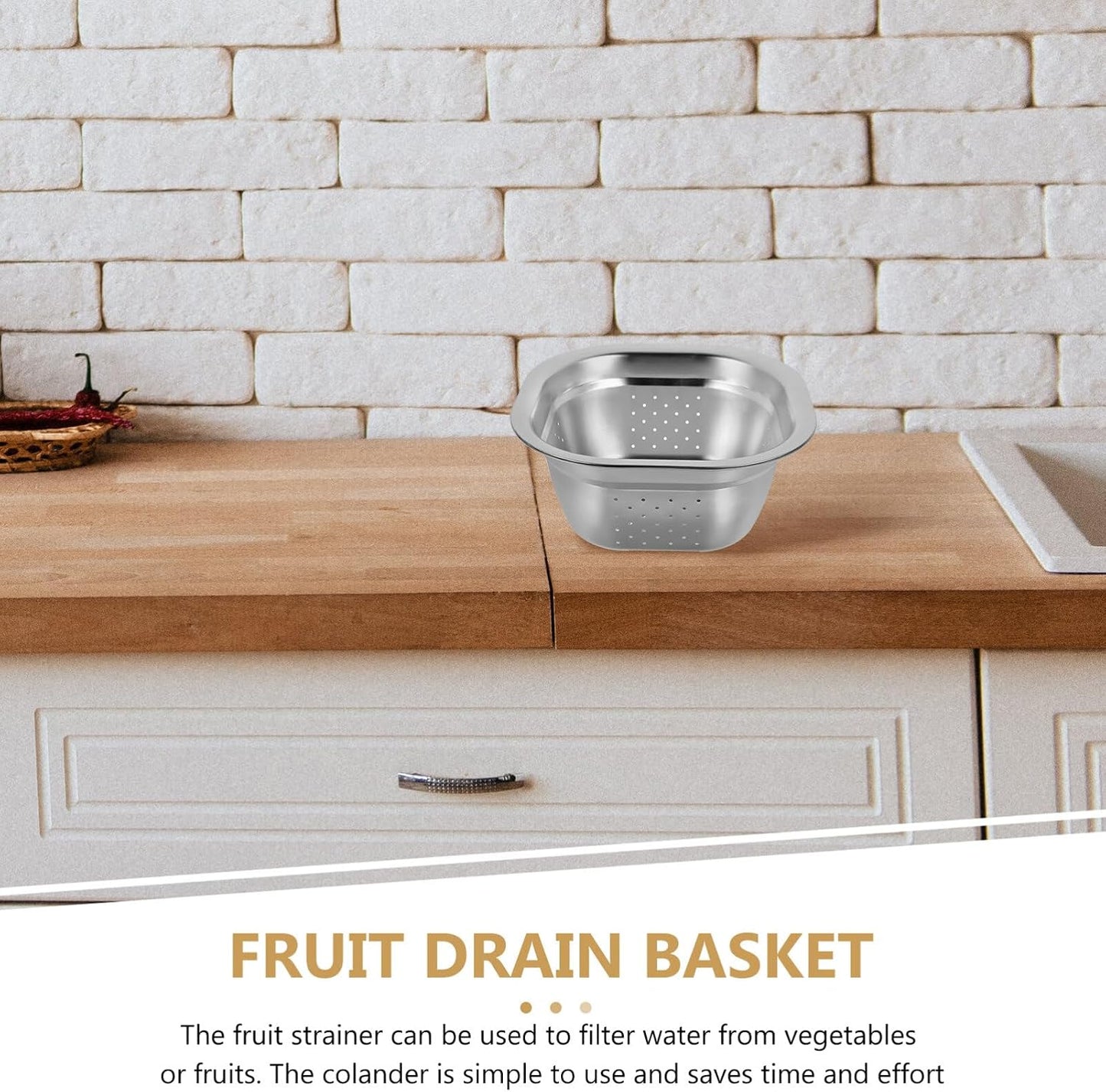 Zerodeko Stainless Steel Colander Bowl Set Square Kitchen Sink Metal Storage Basket Large Capacity Fruit Vegetables Washing Basin Rice Strainer Washer 22cm