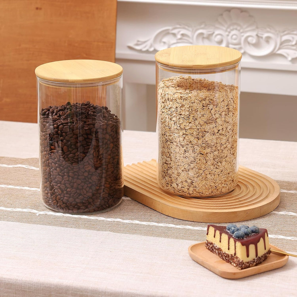 Moretoes 3 Pack 2qt Glass Storage Containers with Bamboo Press Lids, Large Airtight Food Storage Jars for Pantry, Flour, Sugar, Dry Goods