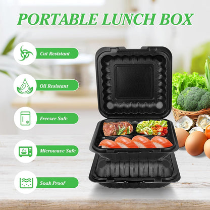 50Pack 8" X 8" 3-Compartment Clamshell To Go Food Containers With Secure Snap Lids - Heavy Duty Take out Containers Disposable To Go Plate For Carryout Meal Prep Catering (Black 3-Compartment)