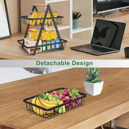 mahueeol 2-Tier Metal Fruit Basket for Kitchen Counter with Wooden Handle | Detachable rectangular baskets hold fruits, vegetables, bread and snacks; use stacked or separately in kitchens and pantries