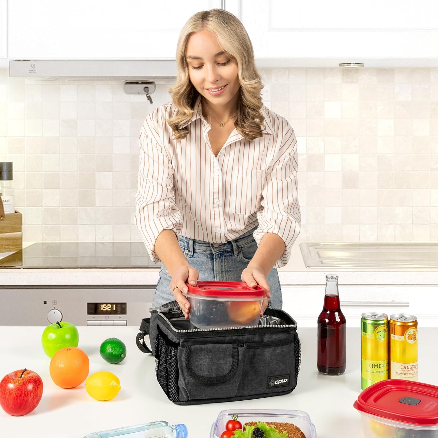 opux Insulated Lunch Bag Women Men, Dual Compartment Leakproof Lunch Box Adults Kids, Double Decker Meal Prep Bento Lunch Cooler Tote with Shoulder Strap for Work Office School Travel, Floral Purple
