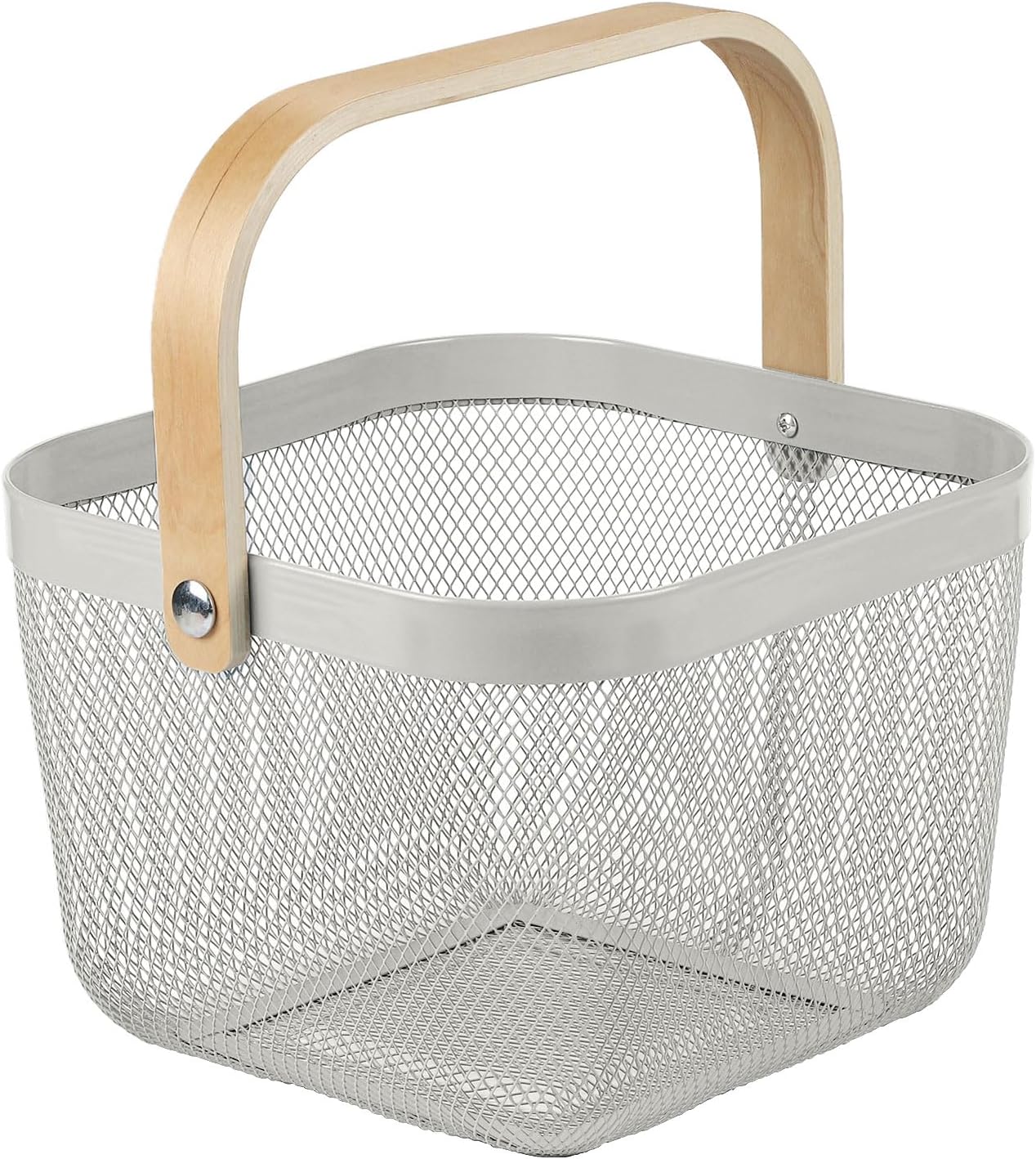 Coloful Metal Mesh Wire Basket with Foldable Wooden Handle,Bin Garden Fruit Vegetable Storage Hanging Harvest Holder for Kitchen Bathroom Picnic (Yellowish Green, Cuboid-15.7 x 9.5 x 7.2“)