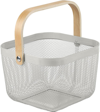 Coloful Metal Mesh Wire Basket with Foldable Wooden Handle,Bin Garden Fruit Vegetable Storage Hanging Harvest Holder for Kitchen Bathroom Picnic (Yellowish Green, Cuboid-15.7 x 9.5 x 7.2“)