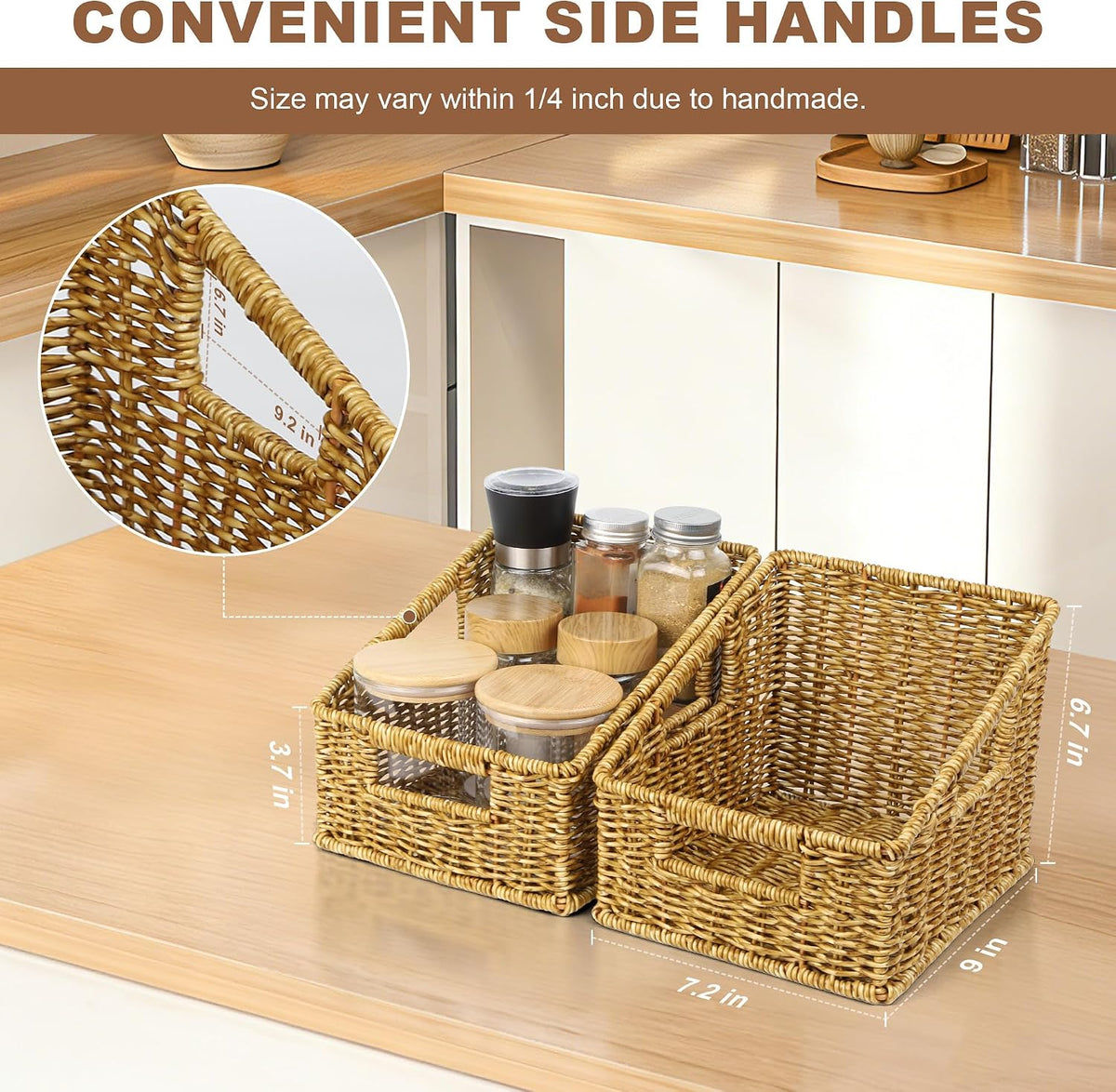 Pantry Baskets for Organizing, Waterproof Wicker Basket with Handles, Trapezoid Woven Baskets for Shelves，Bedroom, Laundry Room,Tan