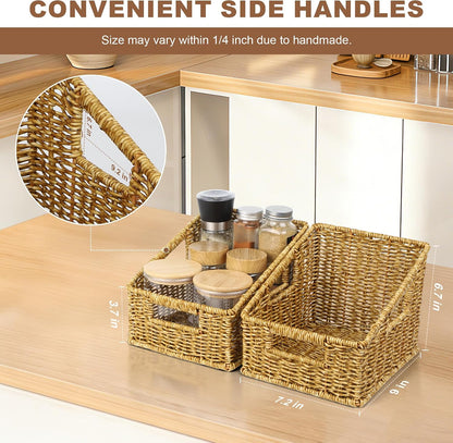 Pantry Baskets for Organizing, Waterproof Wicker Basket with Handles, Trapezoid Woven Baskets for Shelves，Bedroom, Laundry Room,Tan