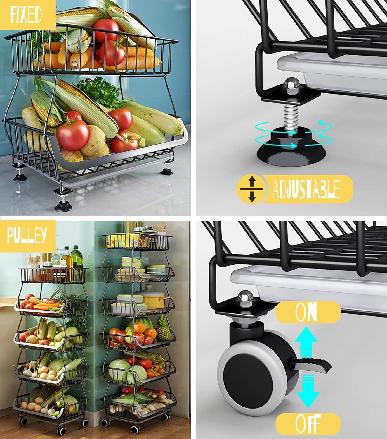 MURRI&MURRDI Fruit Vegetable Storage Basket with Wooden Lid, 6 Tier Stackable Wire Kitchen Cart with Wheels, Tall Produce Snack Racks Display, Narrow Rolling Cart for Pantry Onion Potato, Black