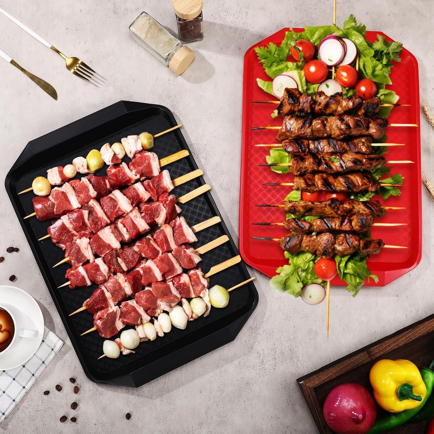 DoubleFill Set of 4 Grilling Prep and Serve Trays, 17x12 Inch 14x10 Inch Large BBQ Platter for Raw and Cooked Food Plastic Grill Tray, Black and Red Stackable Defrosting Grill Prep and Carry System