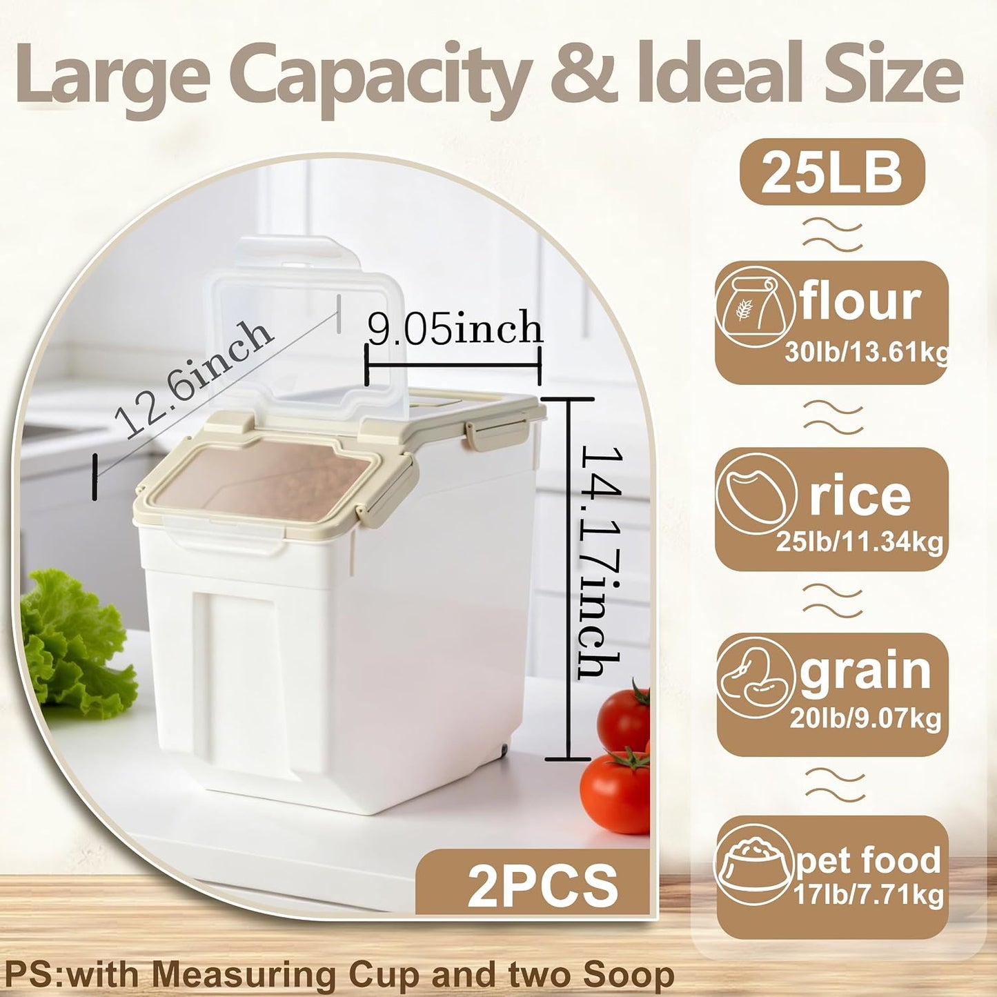 RUIAN 2Pcs Large Flour Storage Container Bin 50Lb Airtight Rice Storage Containers with Wheels Seal Locking Lid, BPA Free with Measuring Cup&Scoop for Flour, Rice, Grain 100LBS Total (Blue)
