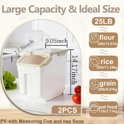 RUIAN 2Pcs Large Flour Storage Container Bin 50Lb Airtight Rice Storage Containers with Wheels Seal Locking Lid, BPA Free with Measuring Cup&Scoop for Flour, Rice, Grain 100LBS Total (Blue)