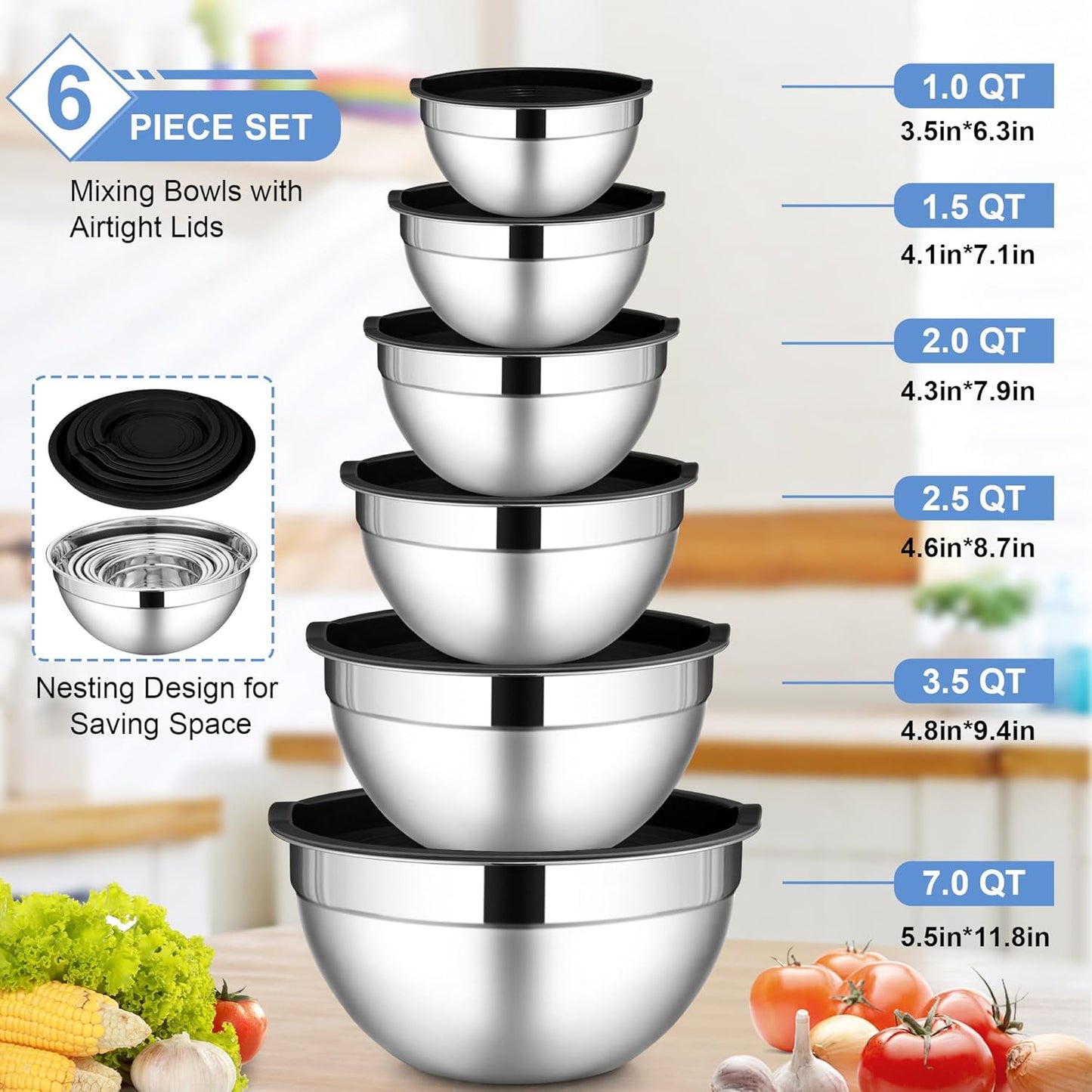 LIANYU Stainless Steel Mixing Bowls Sets of 6, Large 7, 3.5, 2.5, 2, 1.5, 1QT Size with Transparent Airtight Lids, Metal Nesting Serving Bowl Sets for Home Kitchen, Dishwasher & Freezer Safe, Black