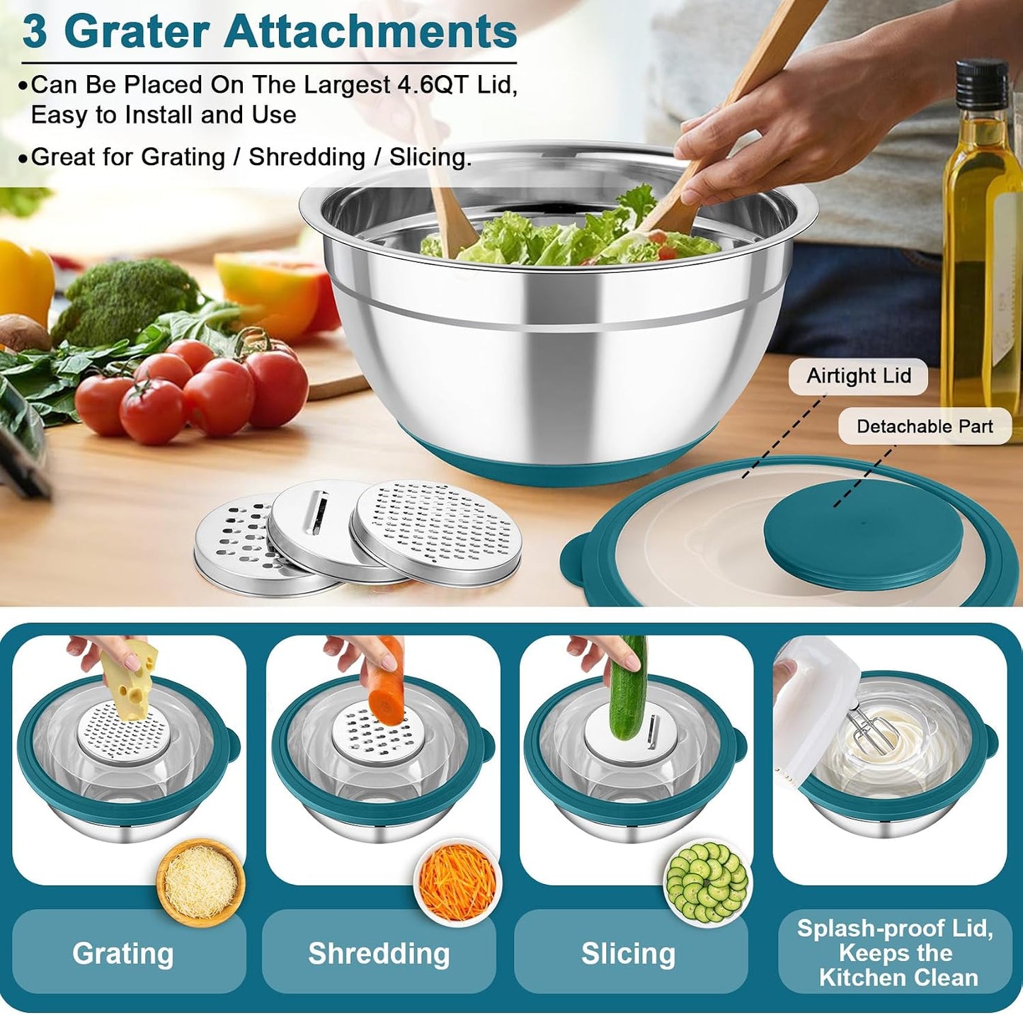 TeamFar Mixing Bowls with Colander Set, Stainless Steel Strainer and Nesting Salad Bowls, with Lids & 3 Graters, Non-Slip Bottom & Visible Lid, Rotatable & Dishwasher Safe, 4.6/3/1.5 QT, Khaki