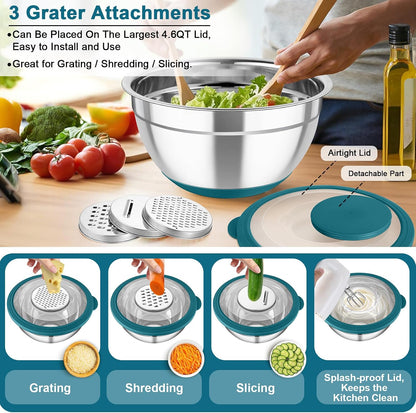 TeamFar Mixing Bowls with Colander Set, Stainless Steel Strainer and Nesting Salad Bowls, with Lids & 3 Graters, Non-Slip Bottom & Visible Lid, Rotatable & Dishwasher Safe, 4.6/3/1.5 QT, Khaki