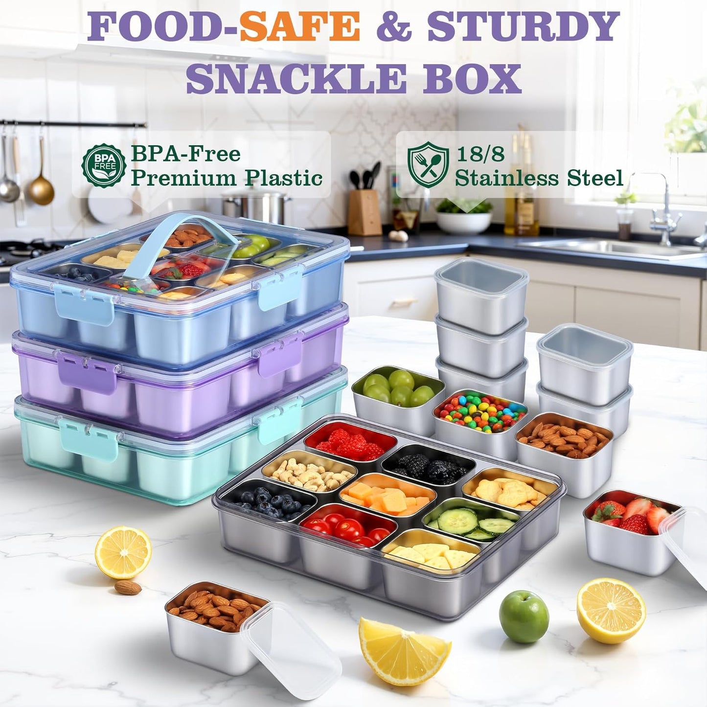 Snackle Box Container, Stainless Steel Snack Containers for Adults, 9 Compartments Divided Serving Tray with Lids and Handle, Portable Snack Platter for Parties, Grey