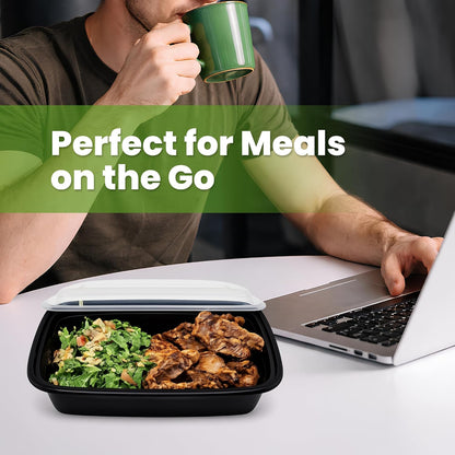 50 Pack (100-Piece) Meal Prep Containers with Lids, Reusable 2-Compartment Food Storage, Sturdy Leakproof, Food Safe, Microwave Freezer Dishwasher Safe, To-Go Takeout Plastic Containers – 60828