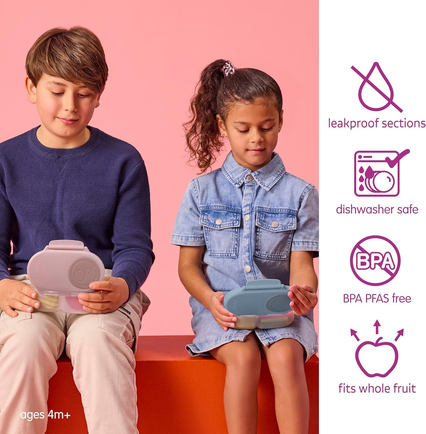 b.box Snack Box 2-Pack - Leak Proof Mini Bento Box for Kids & Toddlers, 2 Compartment Snack Containers for Kids, Dishwasher Safe, BPA-Free, PFAS-Free, Ages 4mo+, 1 3/4 Cup Each (Strawberry + Lilac)