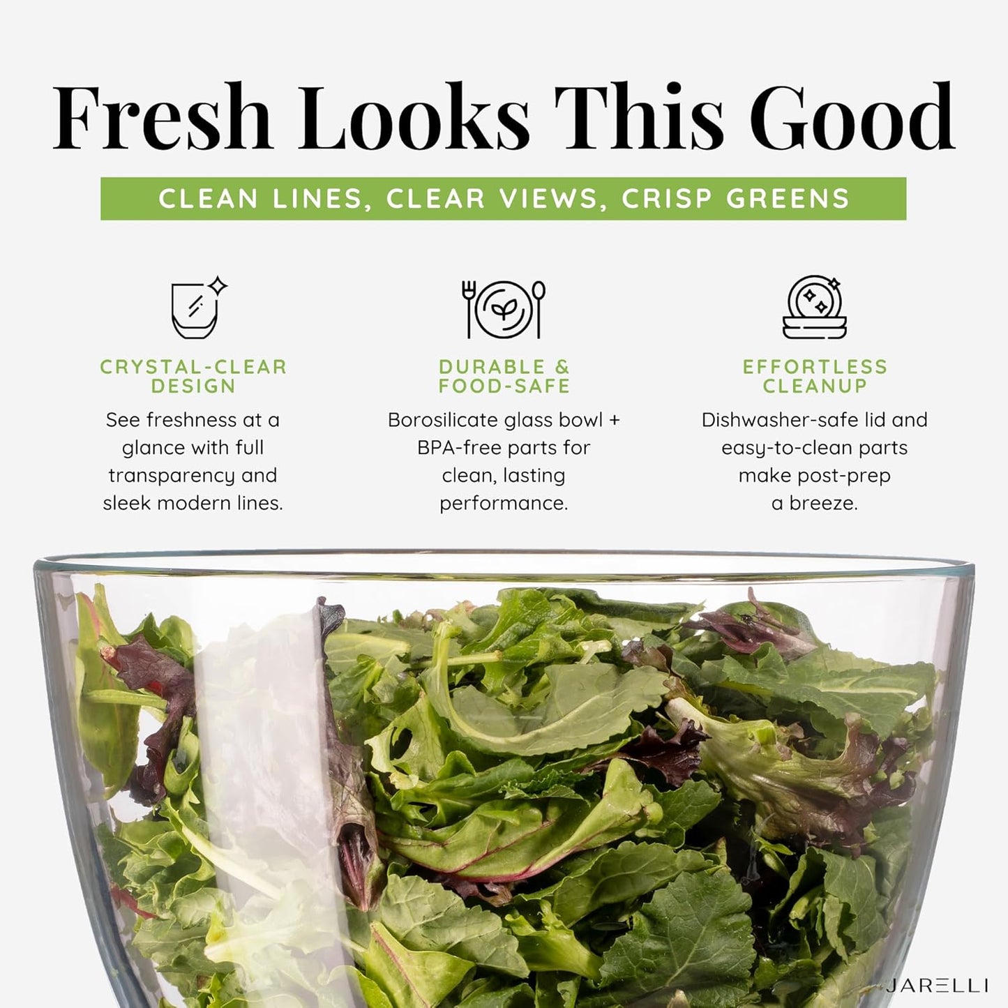 Glass Salad Spinner with Storage Lid, 6 Quart Borosilicate Bowl, Push Button Drying Lid, BPA-Free Draining Basket Doubles as Serving Bowl & Colander, Lettuce, Vegetable, & Fruit Washer