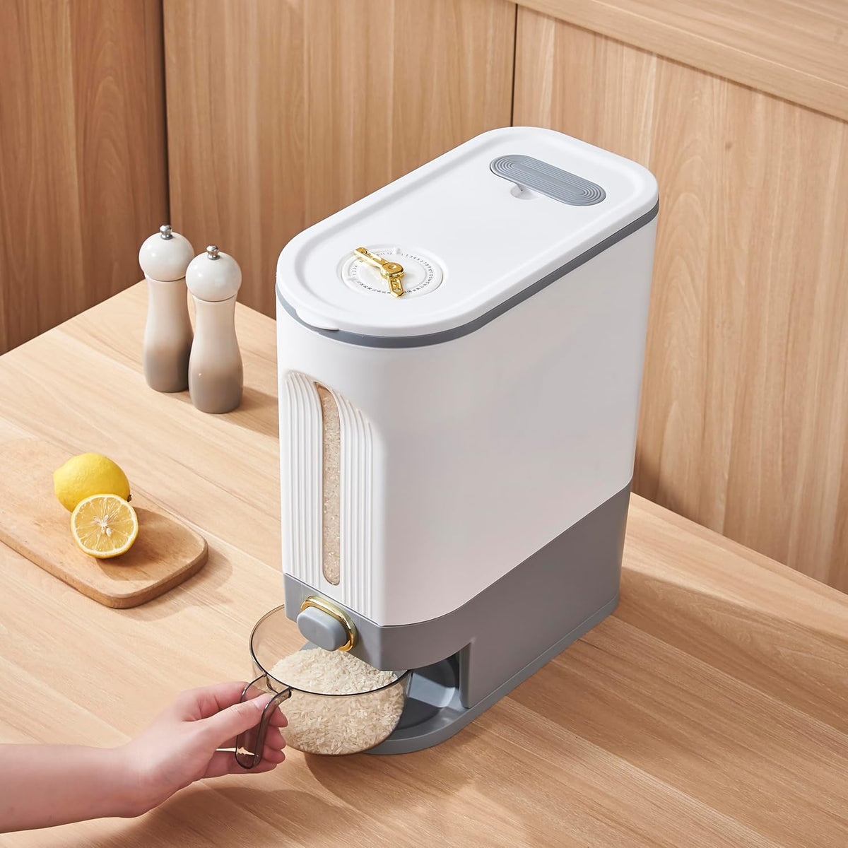 Gagee 11 Lbs Rice Dispenser, Clear | Grain Container Storage, With Lid, Measuring Cylinder, Moisture Proof, Household Cereal Dispenser Bucket