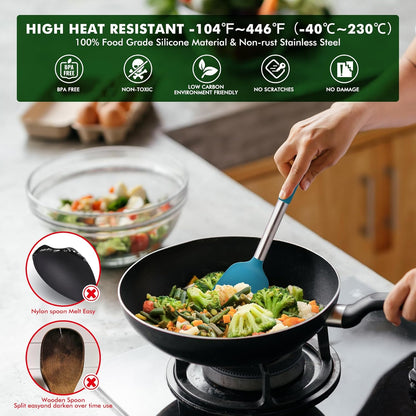 HOTEC 446°F Heat Resistant Silicone Kitchen Utensils, Cooking Utensil Set, Spatula Set, BPA Free, Kitchen Gadgets, With Stainless Steel Utensils Holder, Dishwasher Safe 14pcs Khaki