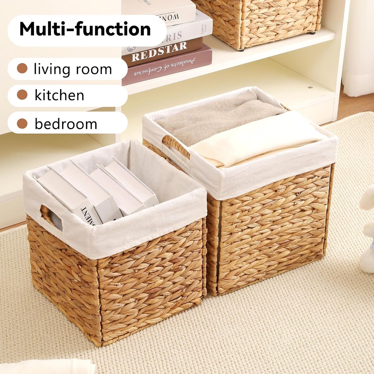 Wicker Storage Basket, Baskets for Organizing, Storage Basket with Built-in Handles, Water Hyacinth Shelves，Wicker Storage Baskets for Shelves, Water Hyacinth Storage Baskets (nature, 4-Pack)