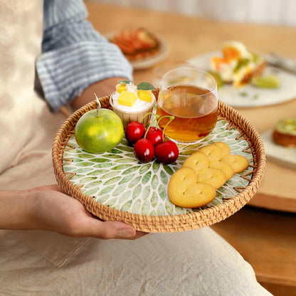 Round Rattan Tray with Mother of Pearl Inlay, Rattan Serving Tray for Coffee, Bread, Fruits, Decorative Wicker Tray for Table Decor, Home Decor, Kitchen Island Decor(Black Checkerboard, 11.8")
