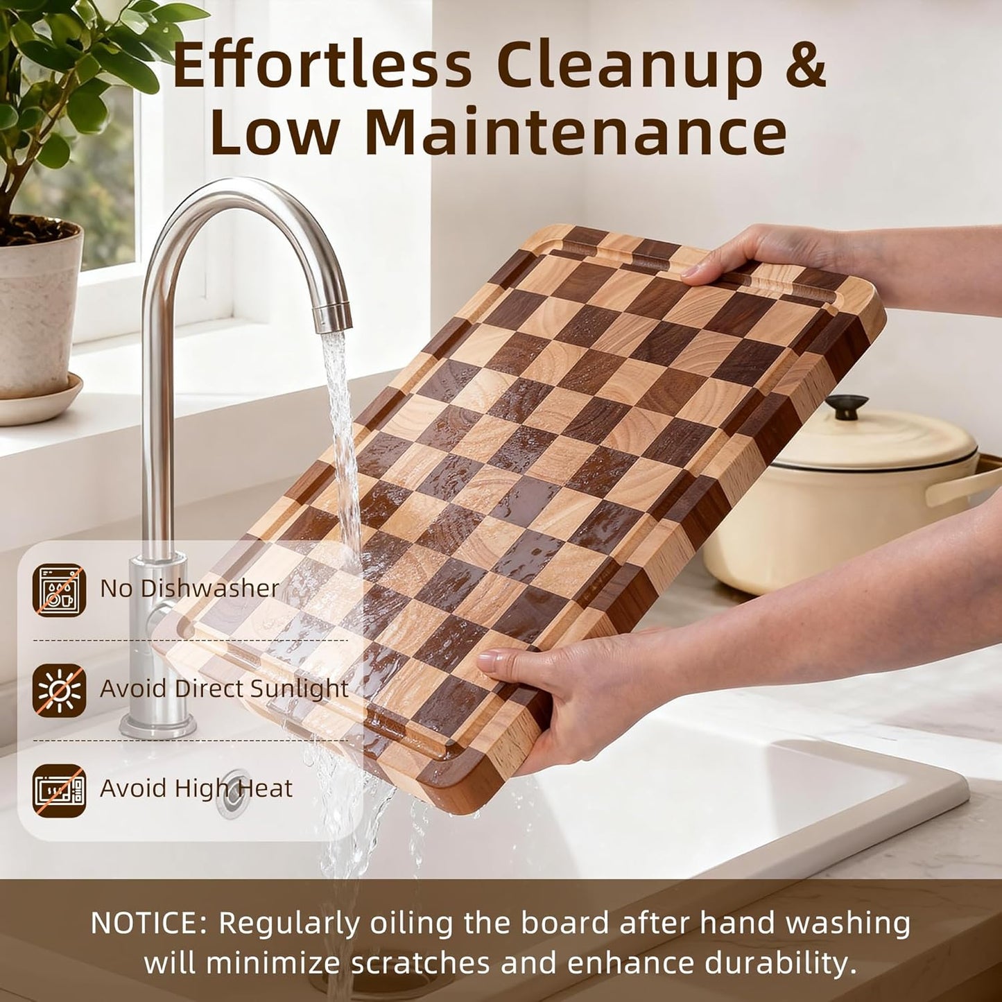 Checkered Cutting Board Set for Kitchen - 3 PCS Solid Wood End Grain Checkerboard Chopping Board with Holder & Juice Groove, Wooden Cutting Boards for Meat, Vegetables, Fruits (S, M, L)
