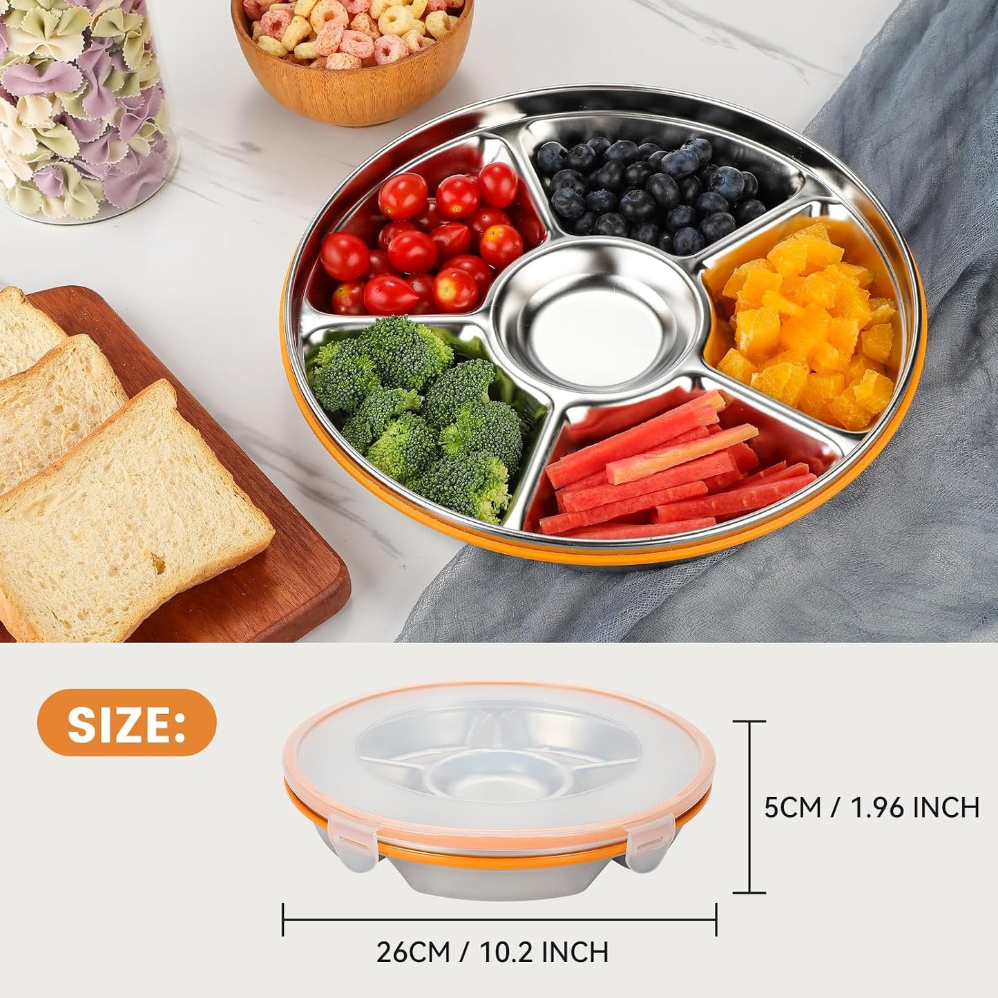 Divided Serving Tray with Lid, Stainless Steel Veggie Tray with Plastic Lid, Reusable Vegetable Platter, Snack Tray, Snackle Box for Party, Easy to Clean (6 Compartments, 60oz)